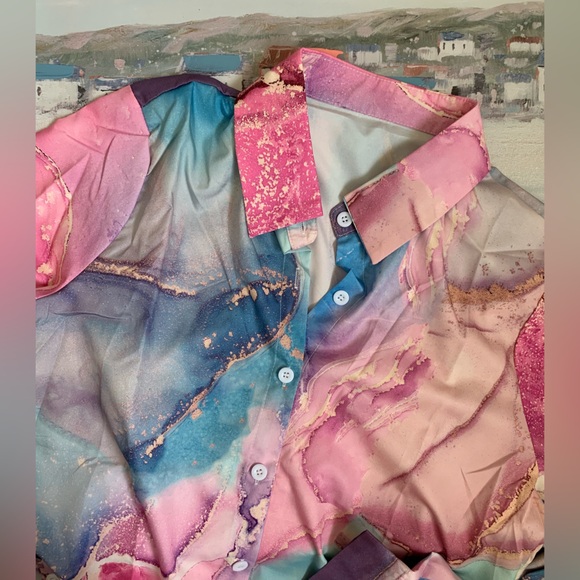 New Colourful Marble Print Satiny Long Sleeve Button Down Blouse/Shirt 🩷🩷 - Picture 4 of 9